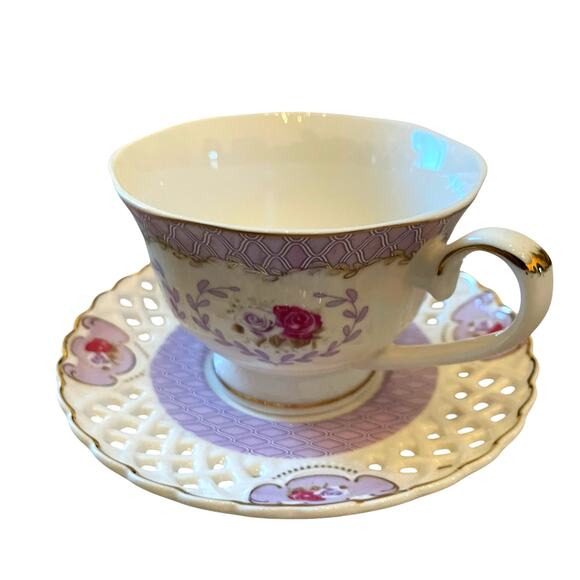 Grace Teaware Teacup & Saucer Floral Lavender Rose Lattice Gold Accents New - Picture 4 of 16
